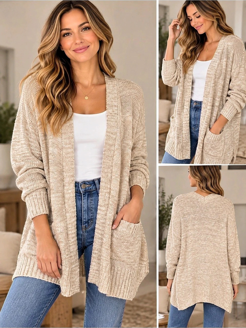 Pink Rose Open Front Waffle Knit Cardigan with Pockets Beige size medium